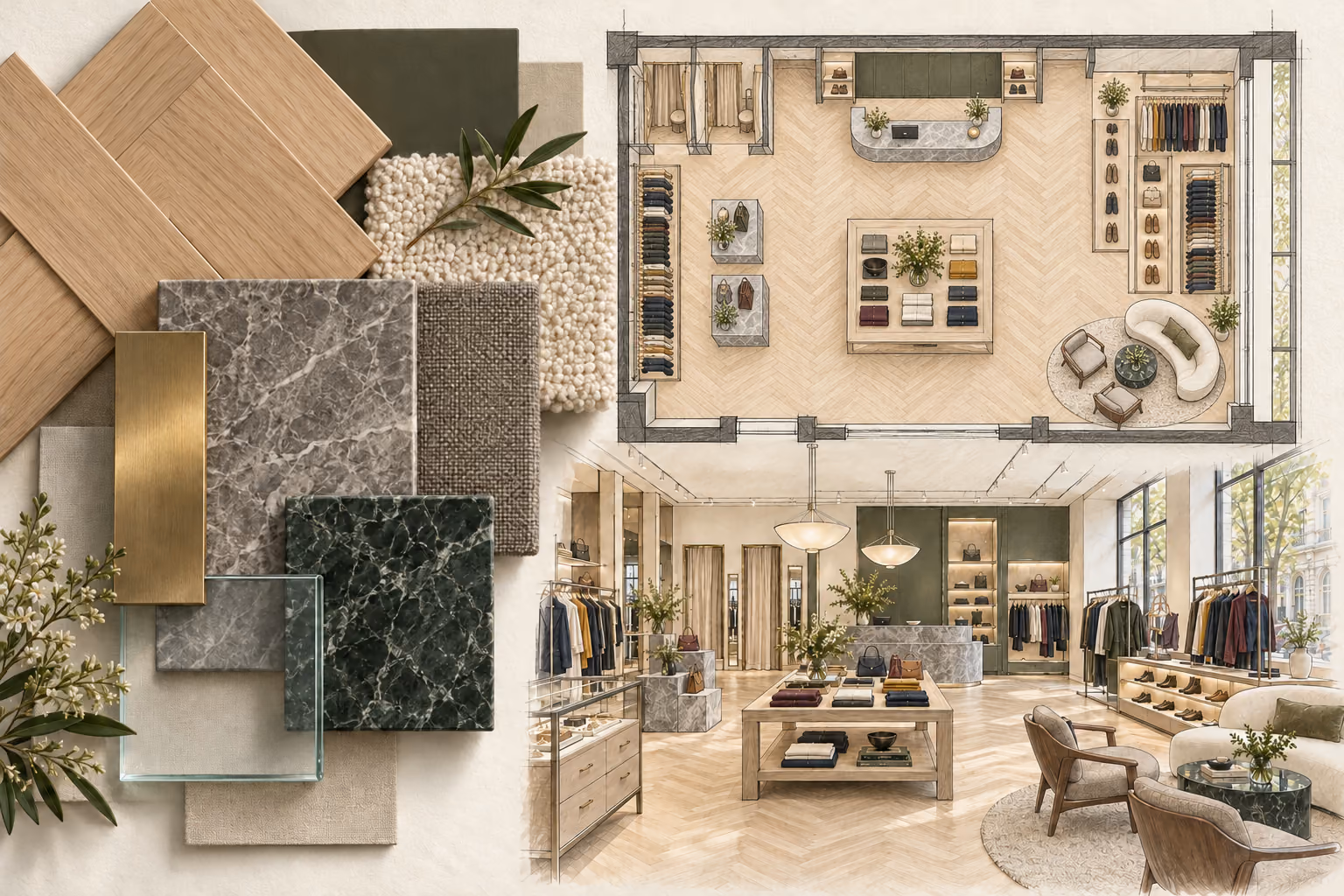 Boutique design materials board with oak, marble, textiles, a conceptual furniture plan and a hand-drawn perspective