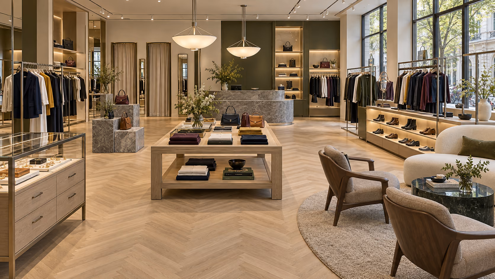 Contemporary fashion boutique with sculptural lighting, light oak, marble display tables and a complete seating area — Studio Dalika business interior design