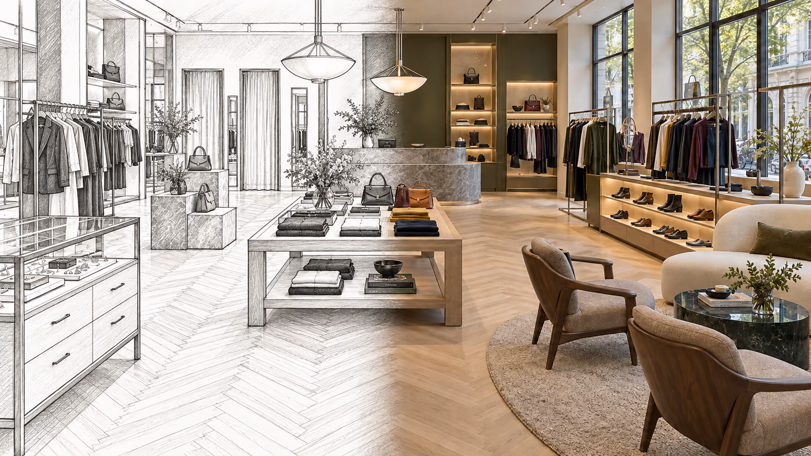 The same contemporary fashion boutique transitioning from a hand-drawn sketch to a rendered interior — Studio Dalika