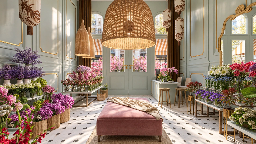 Flower shop with pink bench and woven pendant lights — Chicago, IL — Flower Shop, Studio Dalika