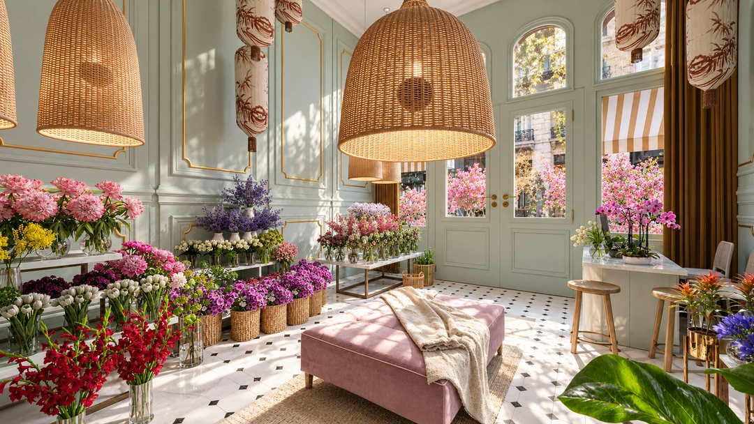 Sunlit flower displays beside tall glazing and woven lights — Chicago, IL — Flower Shop, Studio Dalika; project view 4