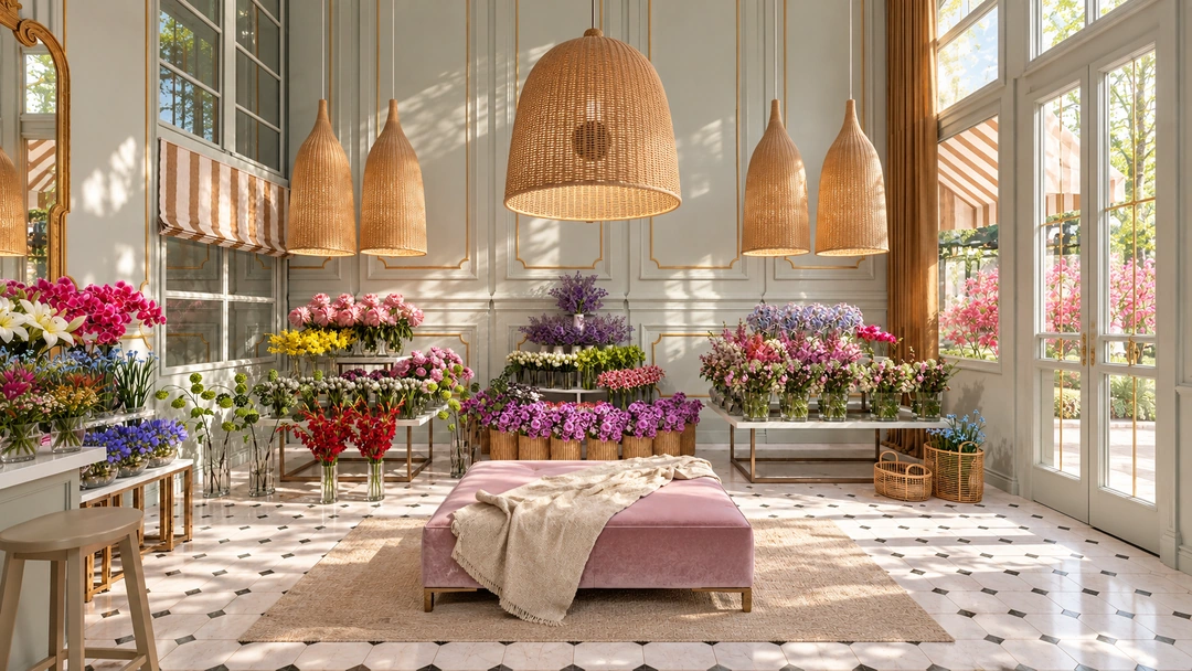 Wide flower display area with pink bench and tall windows — Chicago, IL — Flower Shop, Studio Dalika; project view 7