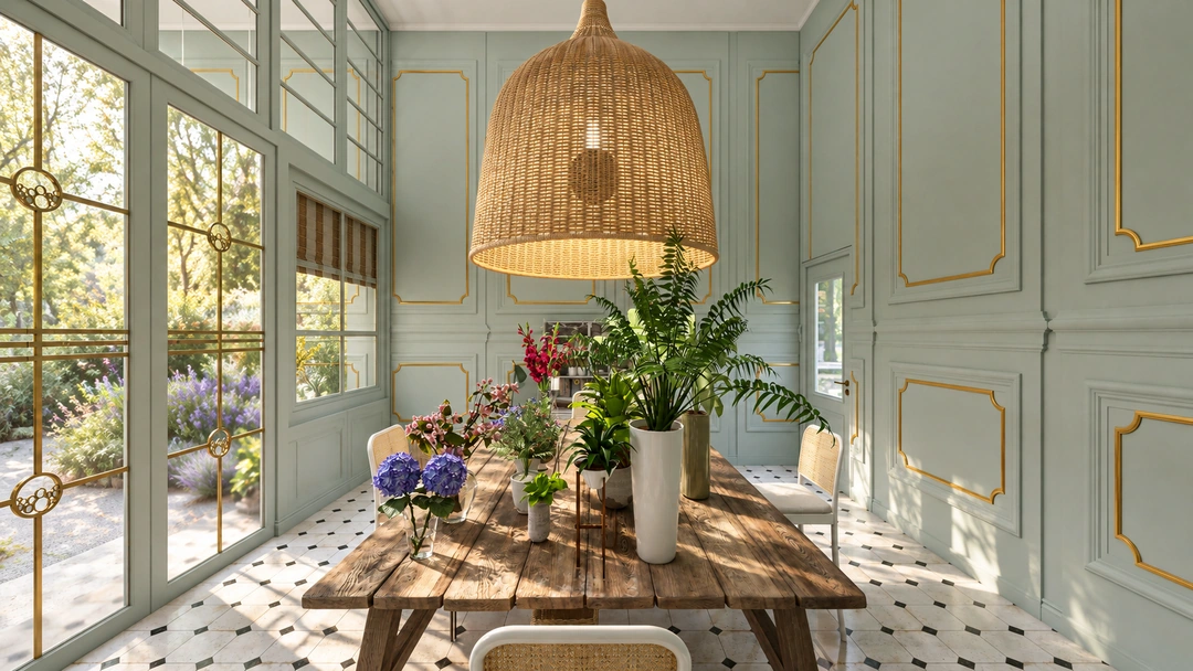 Timber worktable and potted plants beneath a woven light — Chicago, IL — Flower Shop, Studio Dalika; project view 9