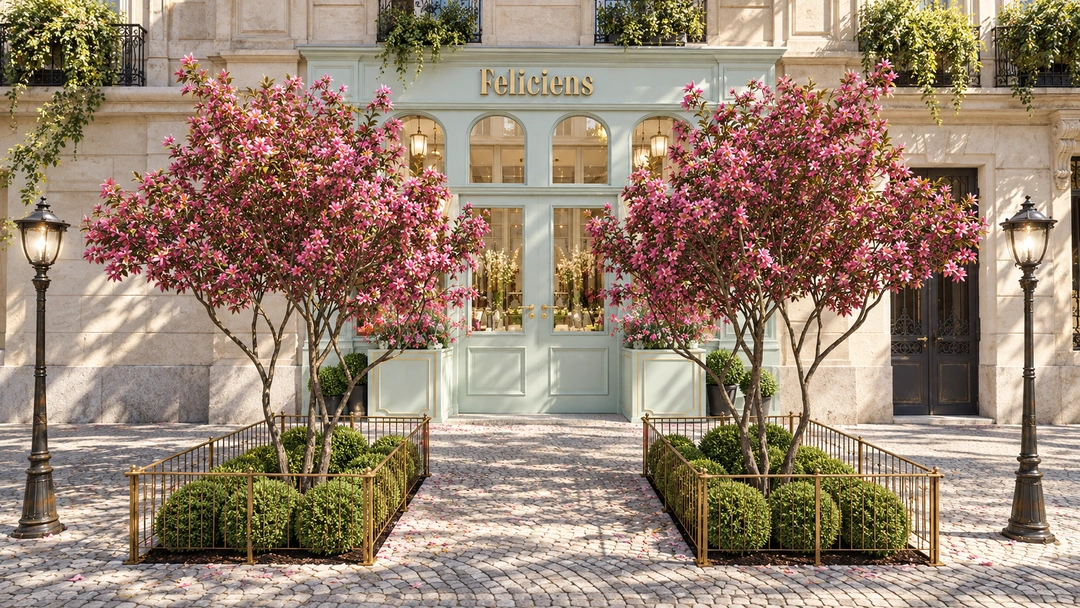 Flower shop facade framed by pink flowering trees — Chicago, IL — Flower Shop, Studio Dalika; project view 11
