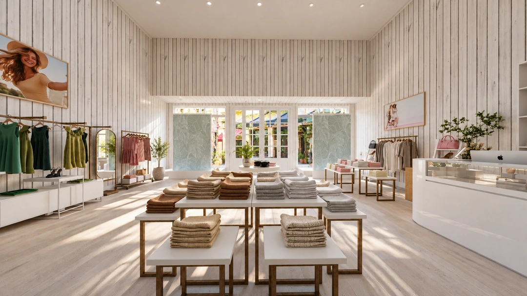 Clothing boutique with pale timber walls and display tables — Miami, FL — Clothing Store, Studio Dalika