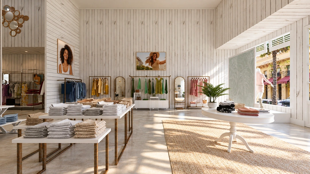 Fashion displays beside the boutique entrance glazing — Miami, FL — Clothing Store, Studio Dalika; project view 3