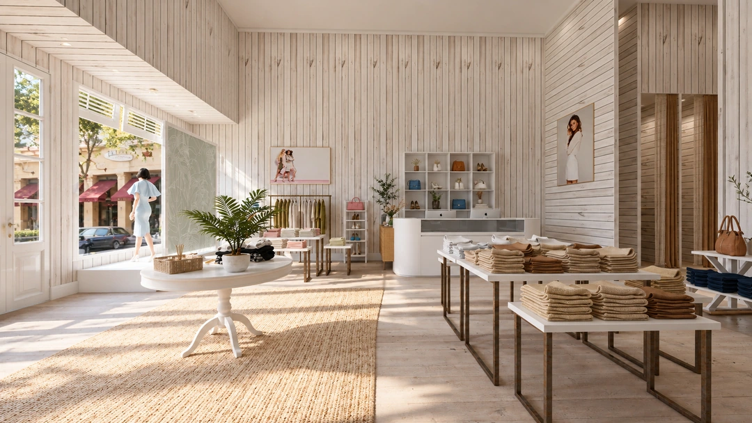 Daylight display tables and clothing rails beside tall windows — Miami, FL — Clothing Store, Studio Dalika; project view 4