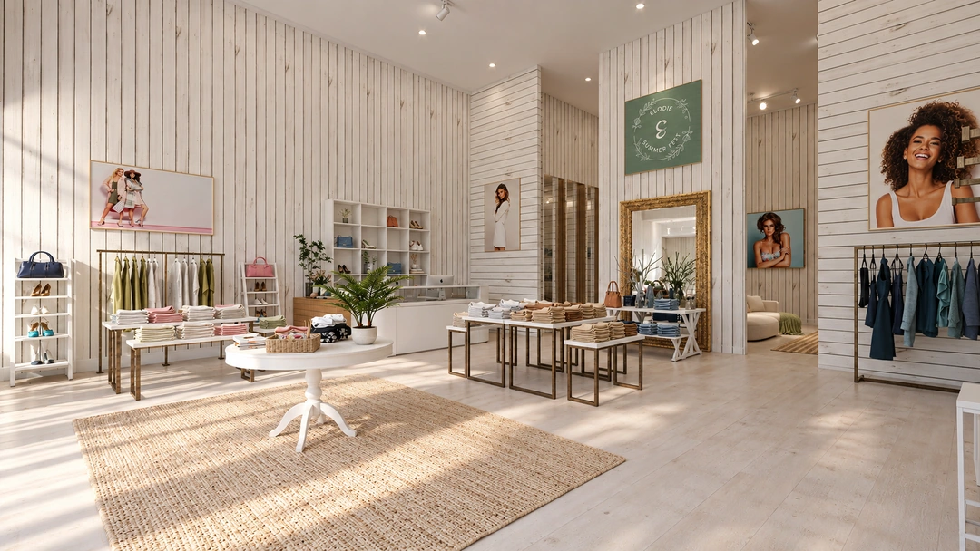 Wide boutique view with fashion artwork and pale timber walls — Miami, FL — Clothing Store, Studio Dalika; project view 5