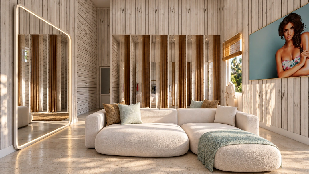 Curved lounge sofa beside boutique fitting rooms — Miami, FL — Clothing Store, Studio Dalika; project view 7