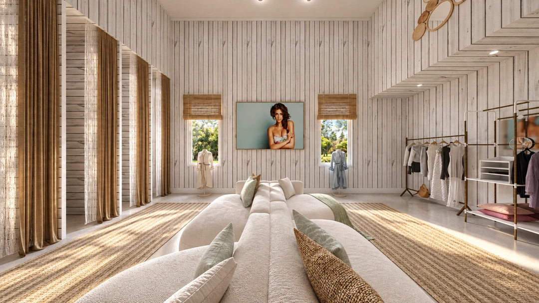 Lounge seating facing clothing rails and fashion artwork — Miami, FL — Clothing Store, Studio Dalika; project view 9