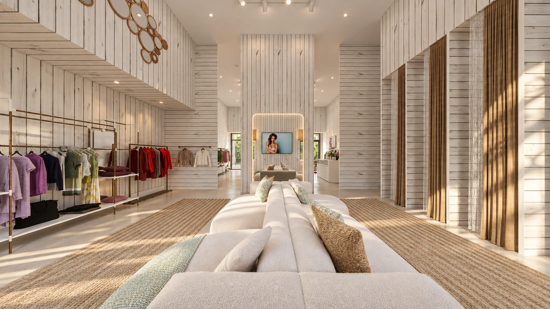 Angled boutique lounge beside a row of fitting rooms — Miami, FL — Clothing Store, Studio Dalika; project view 10