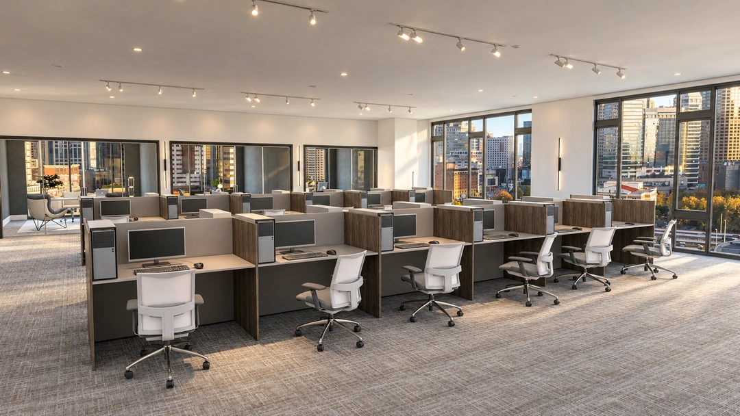 Open-plan office with workstations and city views — Chicago, IL — Tech Office, Studio Dalika