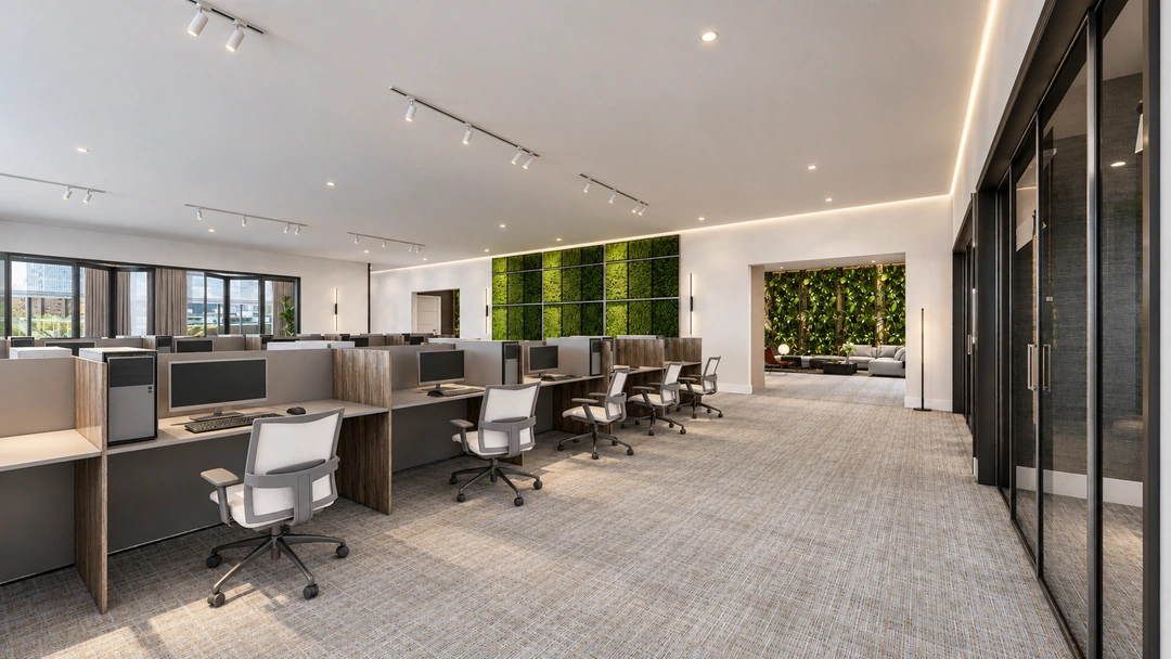 Daylight office aisle with desk screens and planted panels — Chicago, IL — Tech Office, Studio Dalika; project view 3