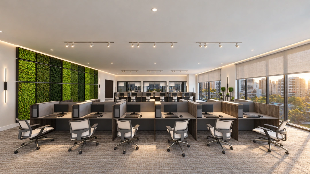 Wide open-plan office with planted panels and window-side desks — Chicago, IL — Tech Office, Studio Dalika; project view 4