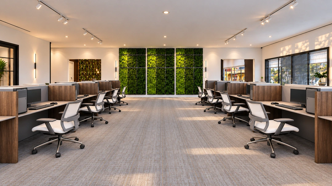 Central office aisle facing the planted feature wall — Chicago, IL — Tech Office, Studio Dalika; project view 5