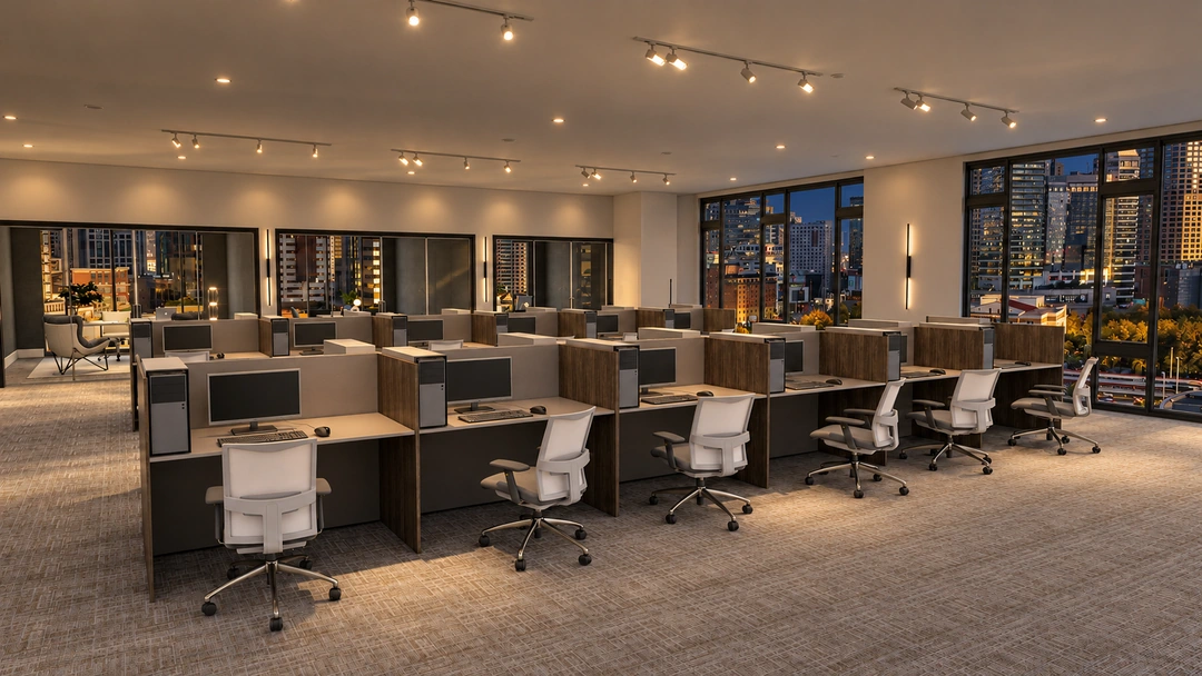Open-plan office and city-facing desks illuminated at night — Chicago, IL — Tech Office, Studio Dalika; project view 6