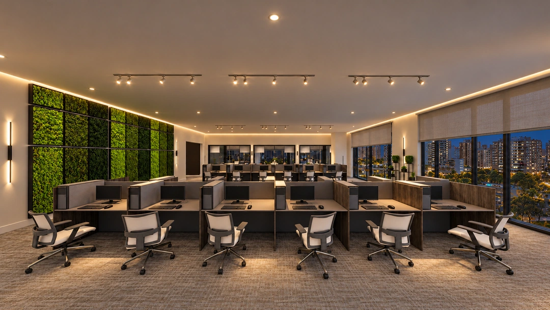 Office workstations beside the planted wall at night — Chicago, IL — Tech Office, Studio Dalika; project view 7