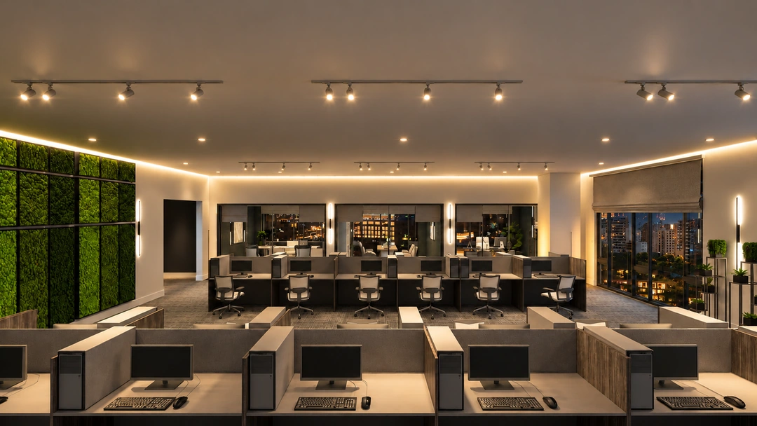 Night view across workstations toward the planted panels — Chicago, IL — Tech Office, Studio Dalika; project view 9
