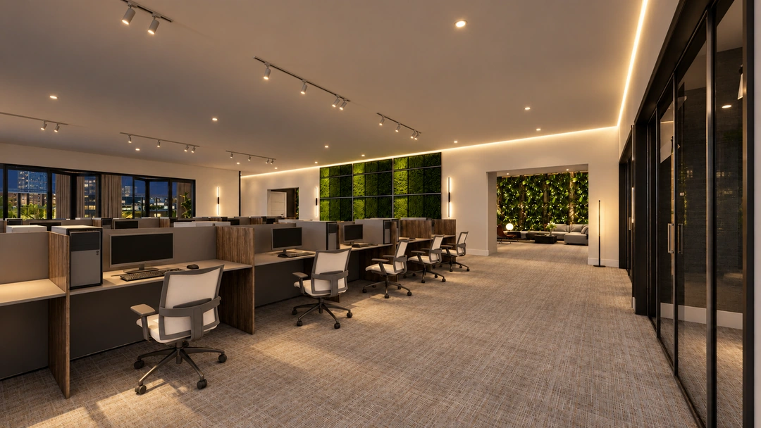 Office corner and city-facing glazing illuminated at night — Chicago, IL — Tech Office, Studio Dalika; project view 10