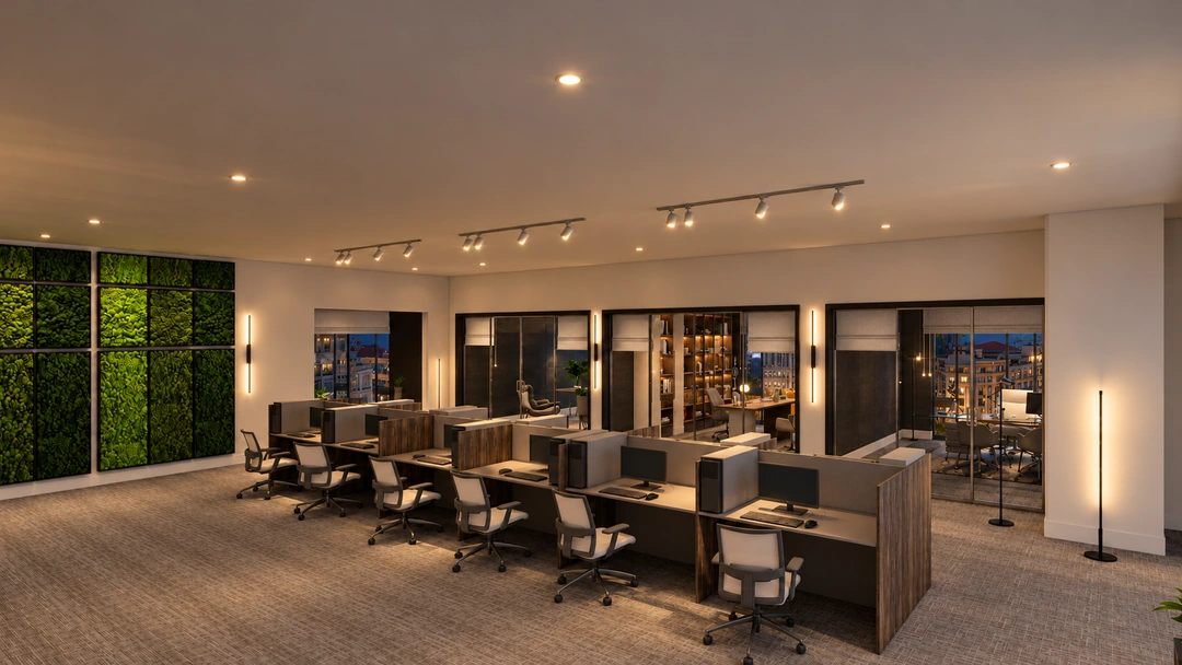 Night office aisle with planted panels and window-side desks — Chicago, IL — Tech Office, Studio Dalika; project view 11