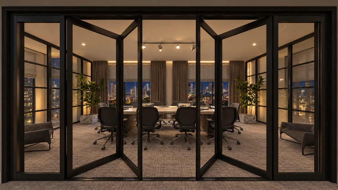 Glass meeting room and city views illuminated at night — Chicago, IL — Tech Office, Studio Dalika; project view 3