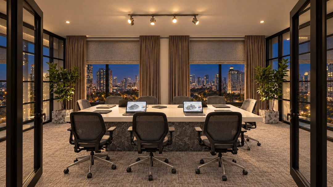 Meeting table beneath ceiling lights and night city views — Chicago, IL — Tech Office, Studio Dalika; project view 4