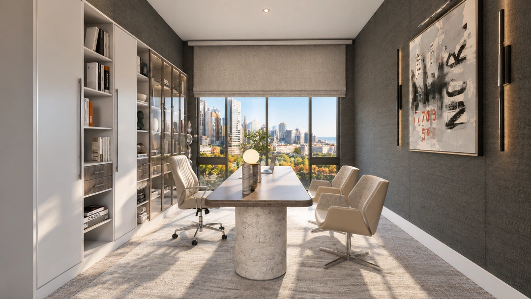 Small meeting room with shelving and city views — Chicago, IL — Tech Office, Studio Dalika