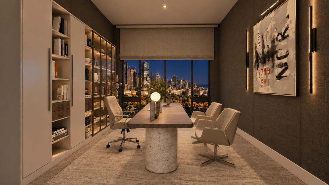 Meeting table and upholstered chairs beside night city views — Chicago, IL — Tech Office, Studio Dalika; project view 3