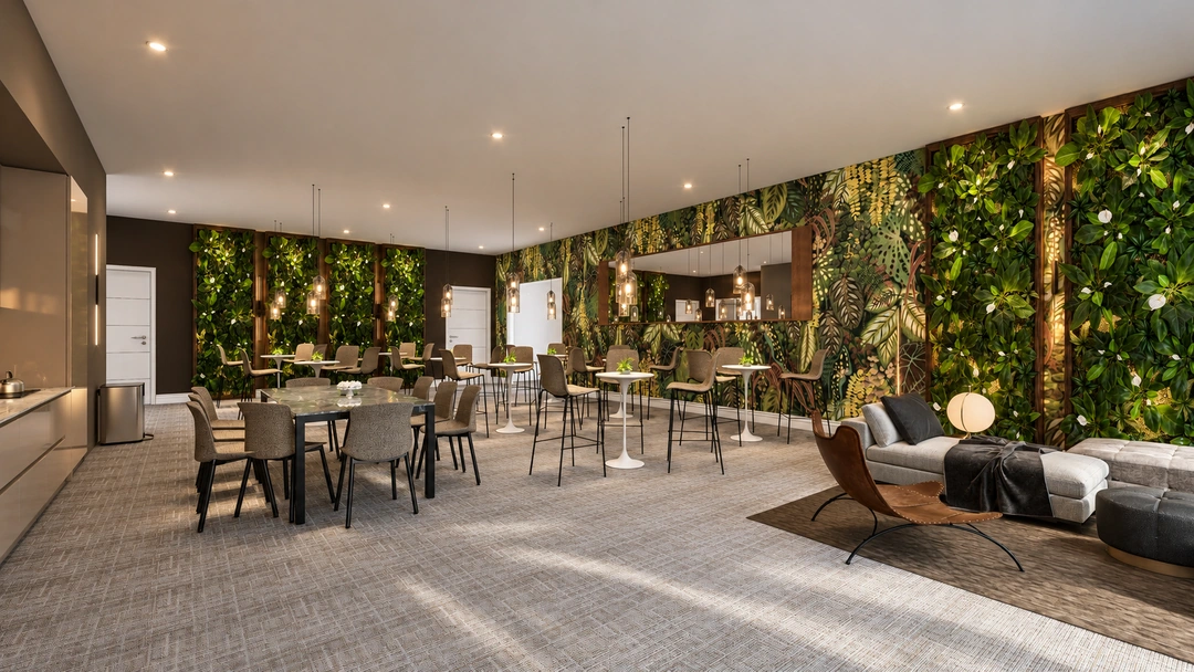 Office cafe and lounge with a full-height planted wall — Chicago, IL — Tech Office, Studio Dalika