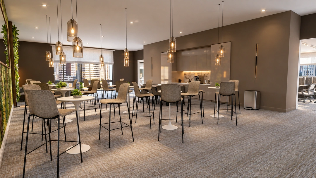 Office cafe tables beneath pendant lights beside a kitchenette — Chicago, IL — Tech Office, Studio Dalika; project view 3