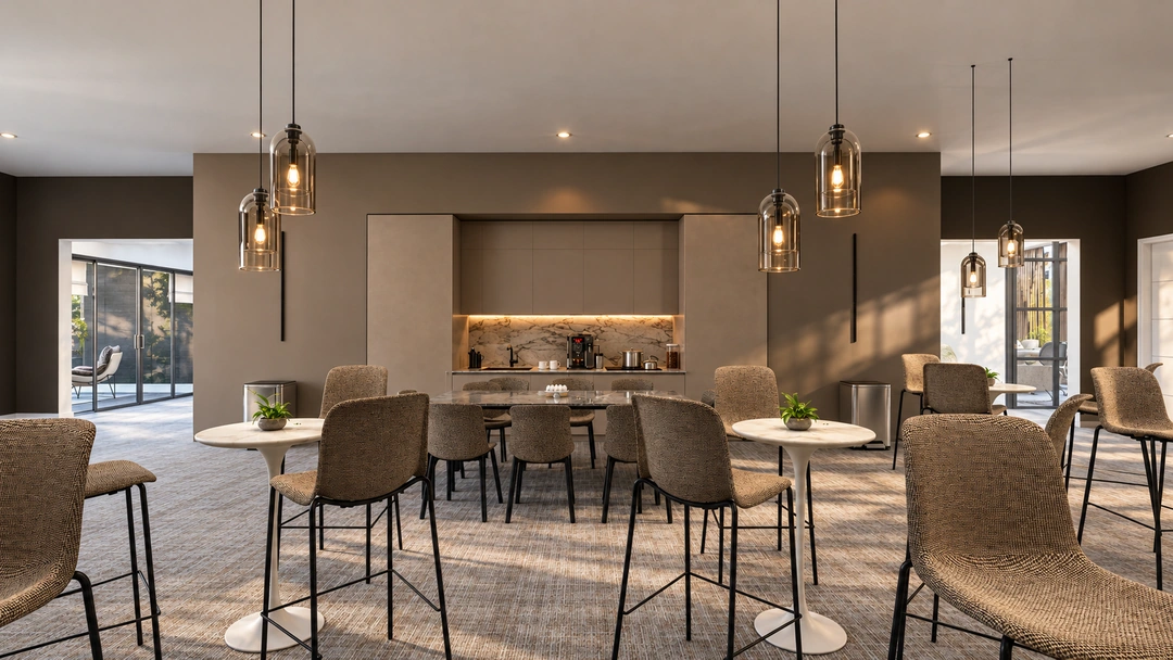 Cafe seating facing the office kitchenette — Chicago, IL — Tech Office, Studio Dalika; project view 4
