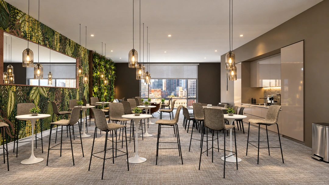 Office cafe tables beside the planted wall and daylight windows — Chicago, IL — Tech Office, Studio Dalika; project view 5