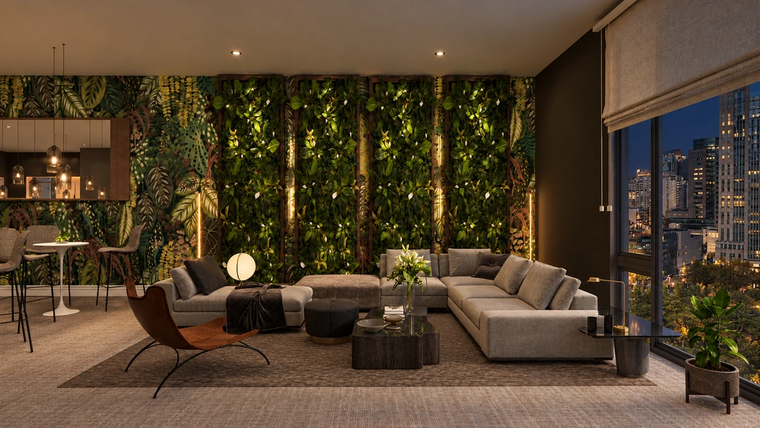 Office lounge and planted wall illuminated at night — Chicago, IL — Tech Office, Studio Dalika; project view 6