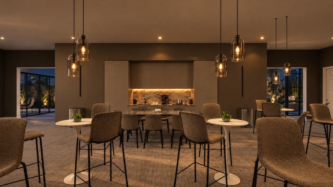 Office cafe and kitchenette illuminated at night — Chicago, IL — Tech Office, Studio Dalika; project view 7