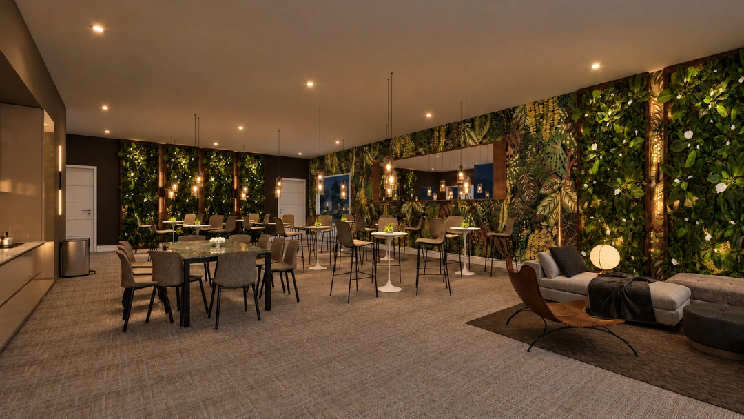 Wide night view of the office cafe and planted lounge — Chicago, IL — Tech Office, Studio Dalika; project view 8