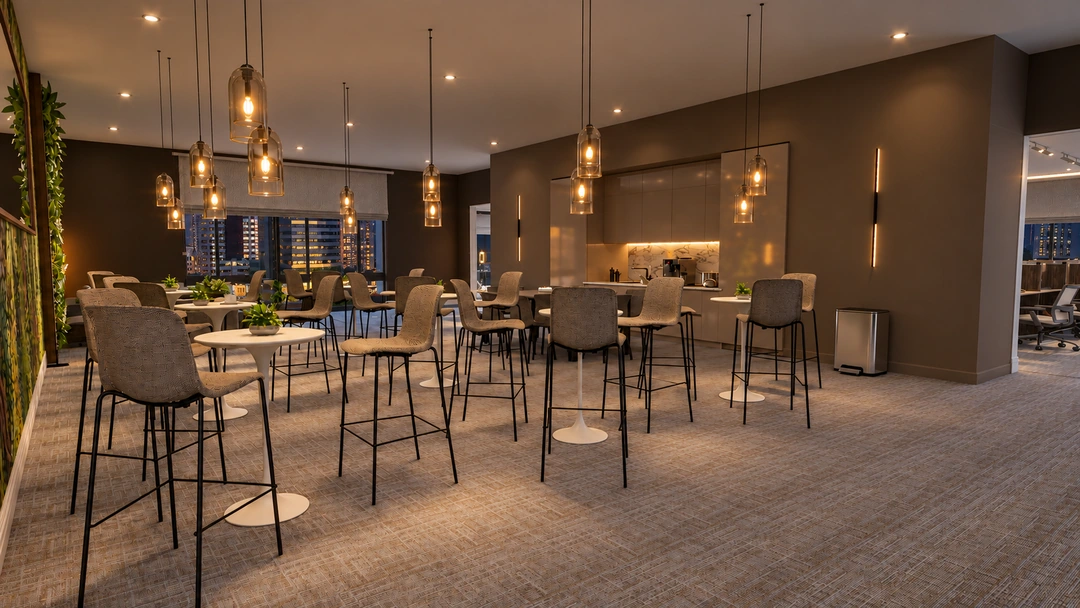 Night cafe tables beneath pendant lights beside city windows — Chicago, IL — Tech Office, Studio Dalika; project view 9