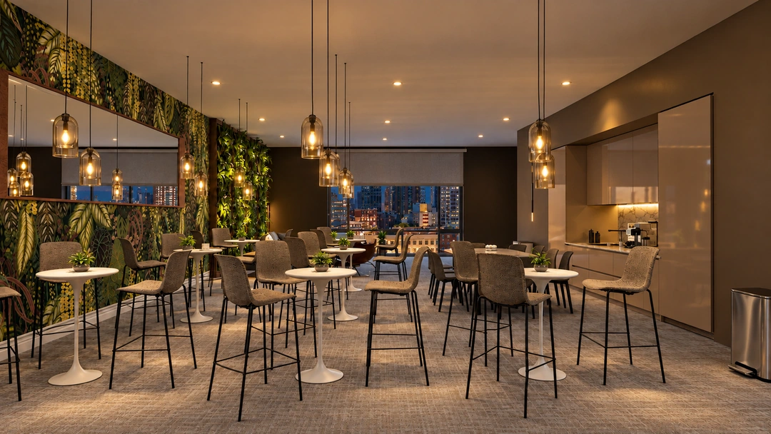 Office cafe with planted wall and warm lighting at night — Chicago, IL — Tech Office, Studio Dalika; project view 10