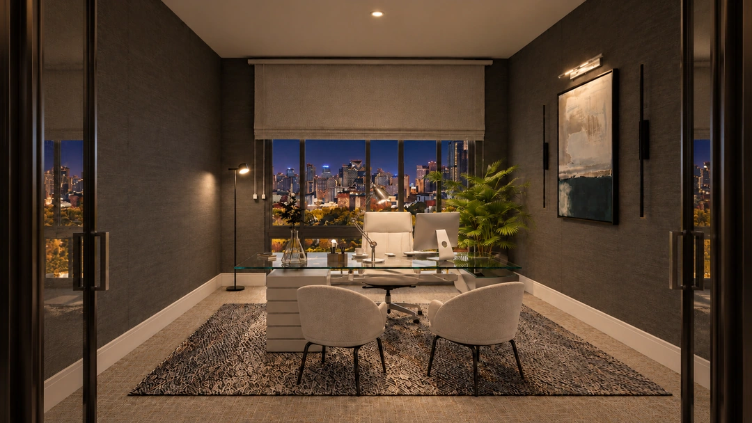 Pale meeting chairs and table beside the city skyline at night — Chicago, IL — Tech Office, Studio Dalika; project view 3