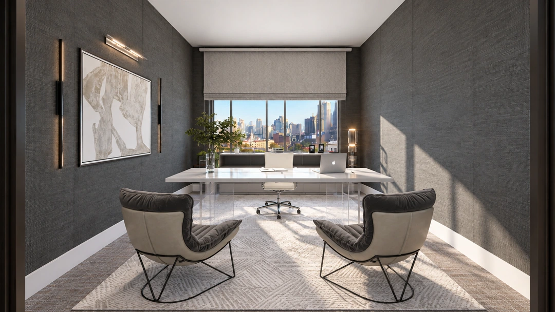 Gray meeting room with dark chairs and city views — Chicago, IL — Tech Office, Studio Dalika