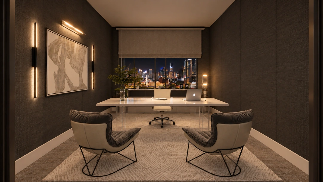 Meeting table and dark chairs beside city lights at night — Chicago, IL — Tech Office, Studio Dalika; project view 3
