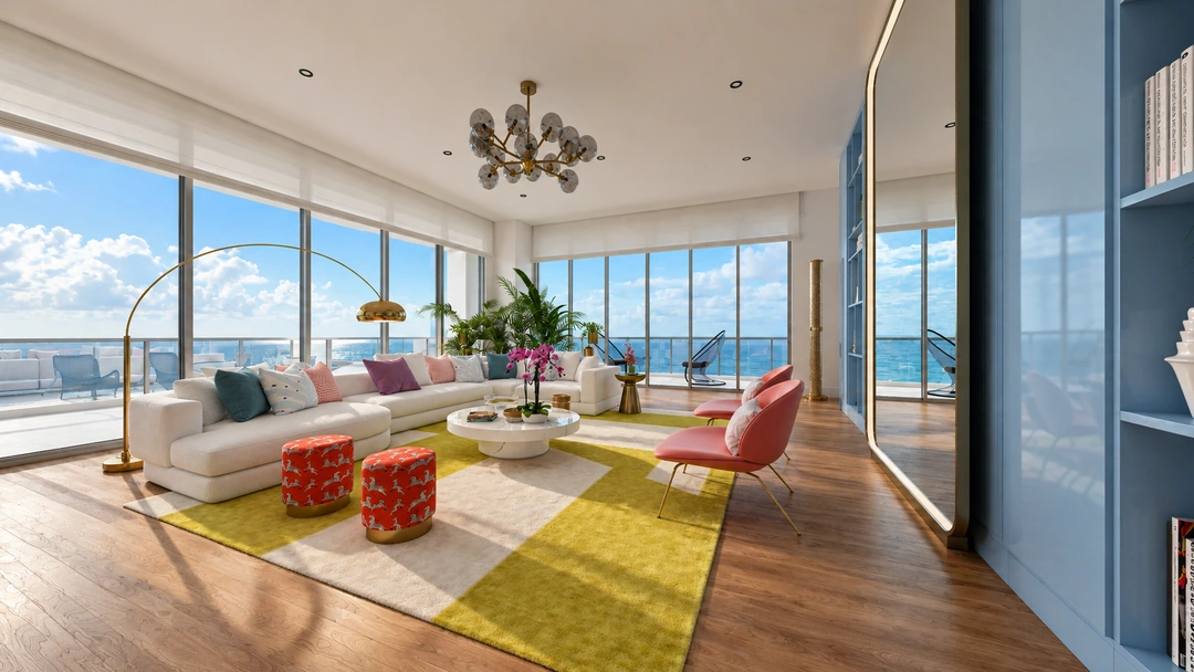 Colorful living space with white seating and ocean views — Miami, FL — Real Estate, Studio Dalika