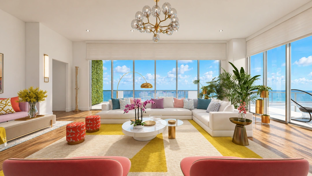 Living room facing ocean glazing and a patterned yellow rug — Miami, FL — Real Estate, Studio Dalika; project view 3