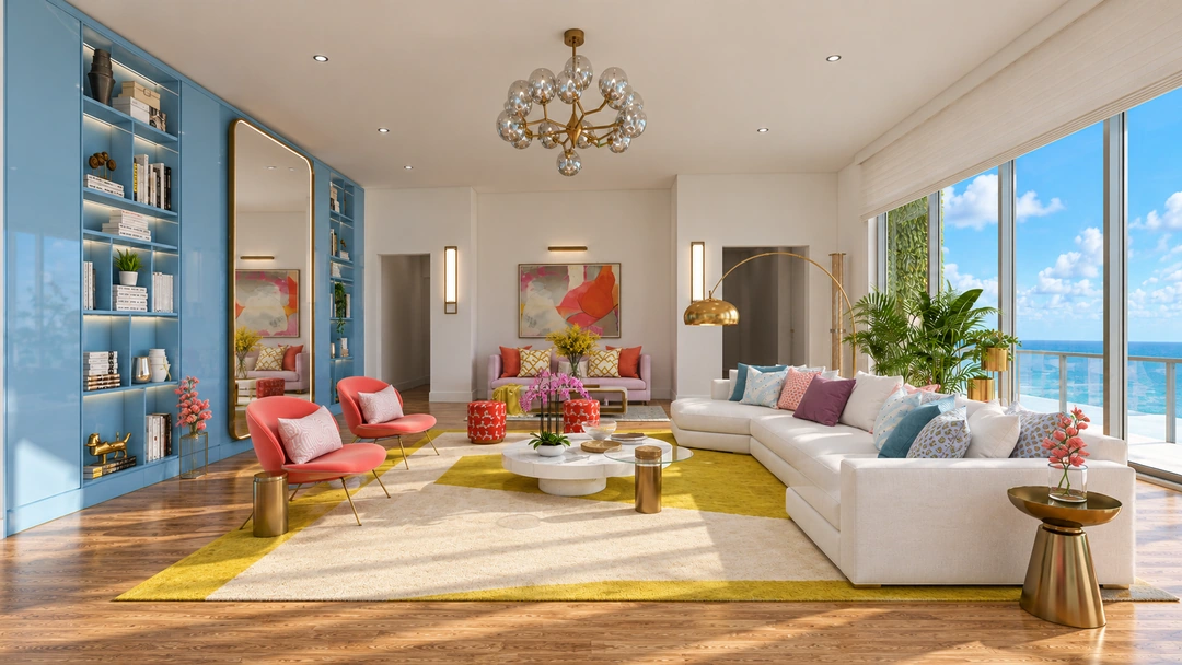 Red lounge chairs against blue walls and colorful artwork — Miami, FL — Real Estate, Studio Dalika; project view 4