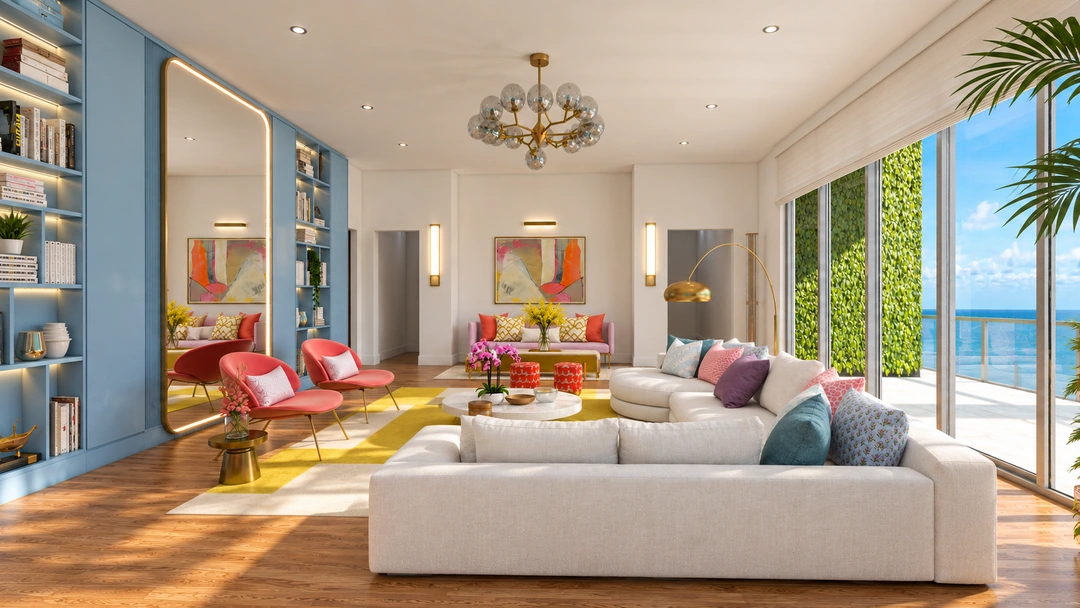 Angled white sectional beside red chairs and ocean glazing — Miami, FL — Real Estate, Studio Dalika; project view 5