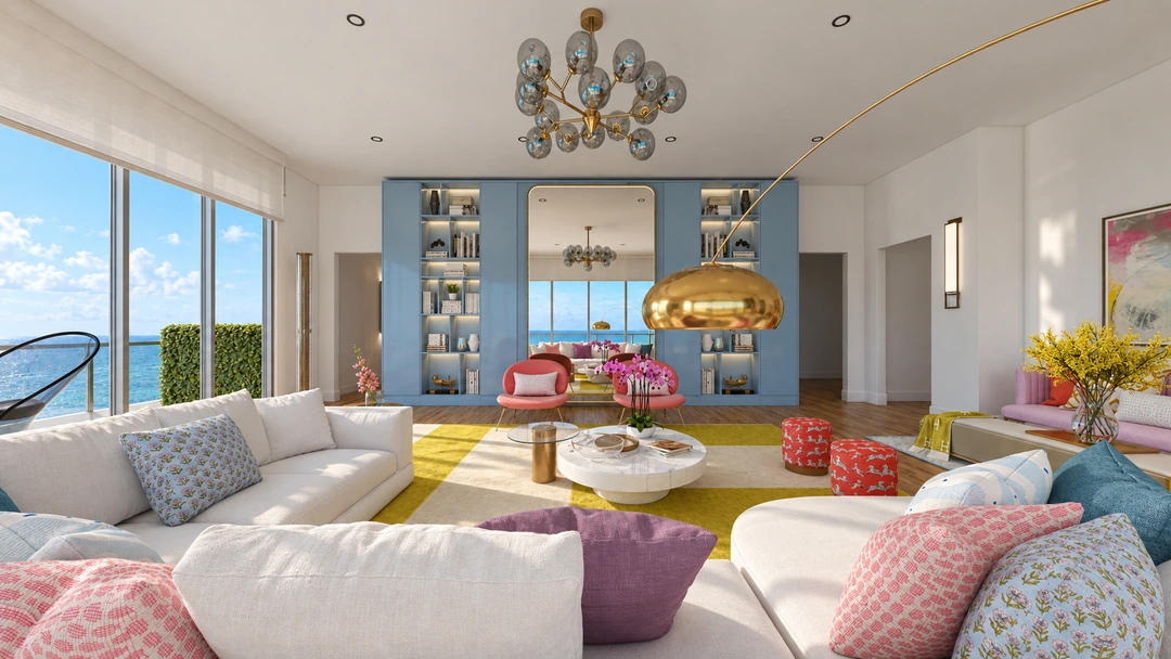 Daylight sectional seating beside blue display cabinetry — Miami, FL — Real Estate, Studio Dalika; project view 6