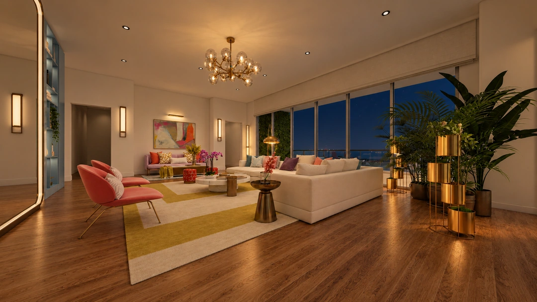 Night living room with white sectional and ocean-facing glazing — Miami, FL — Real Estate, Studio Dalika; project view 8