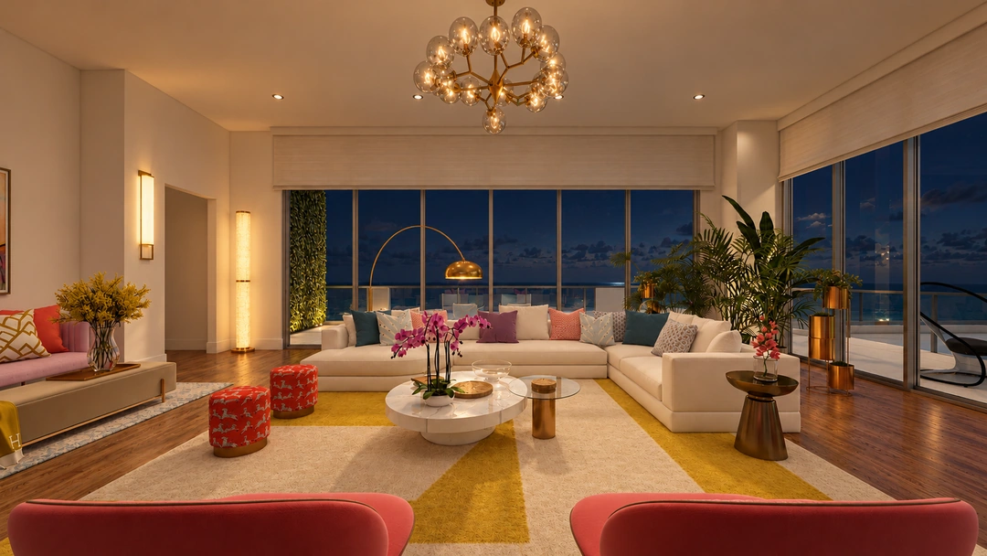 Red lounge chairs facing a white sectional at night — Miami, FL — Real Estate, Studio Dalika; project view 9