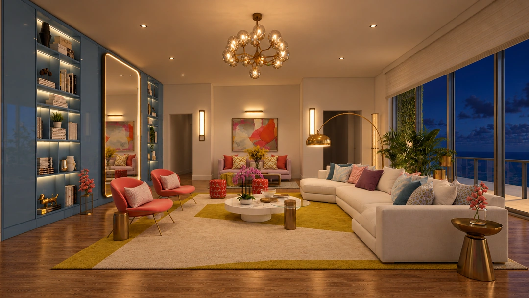 Living room with blue cabinetry and warm evening lighting — Miami, FL — Real Estate, Studio Dalika; project view 10