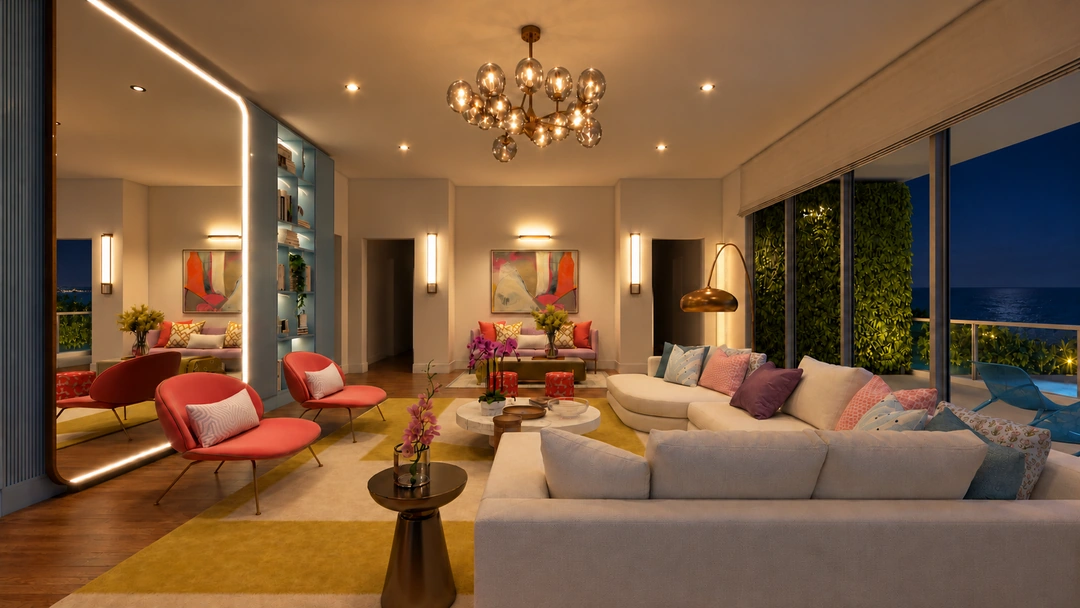 Night view across the white sectional and red lounge chairs — Miami, FL — Real Estate, Studio Dalika; project view 11