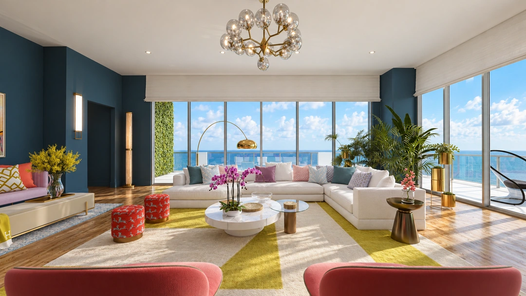 Daylight living room facing the ocean and red chairs — Miami, FL — Real Estate, Studio Dalika; project view 12